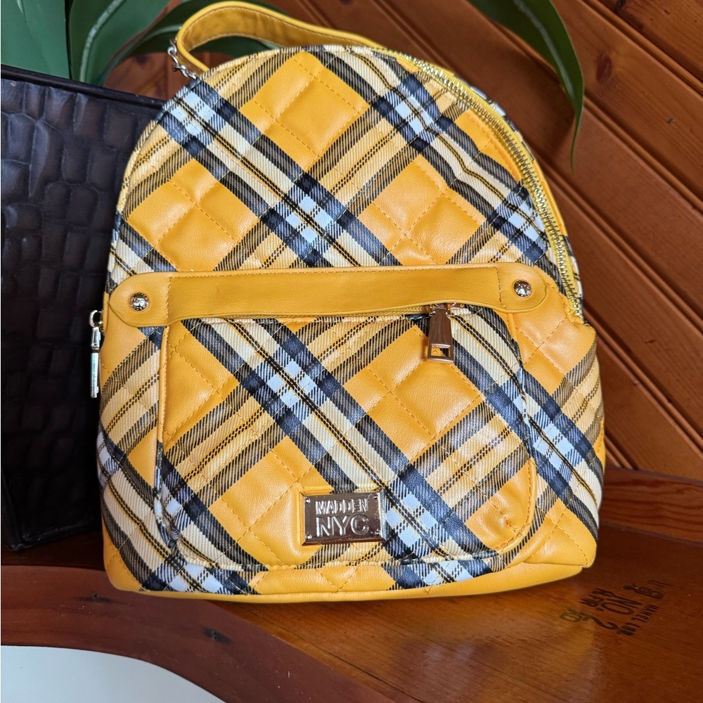 Madden NYC yellow plaid mini book bag style bag.